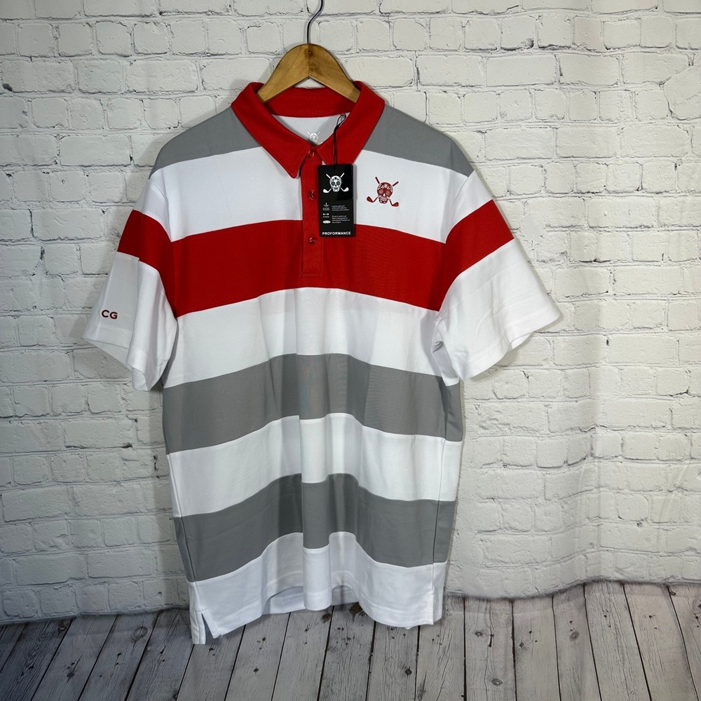 Chuco Golf Proformance Polo Shirt Mens XL Red Grey White Striped Sugar Skull NWT